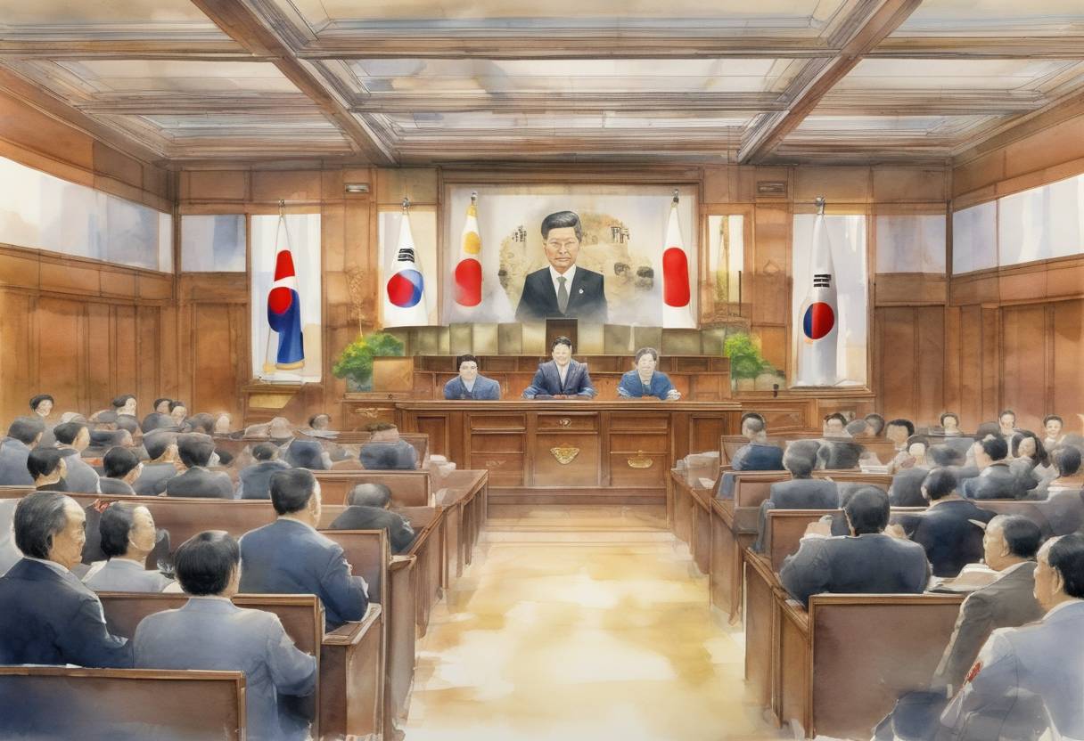 Watercolor painting based depiction of The Constitutional Court of South Korea overturned the impeachment of President Roh Moo-hyun, allowing him to resume his duties. (2004)