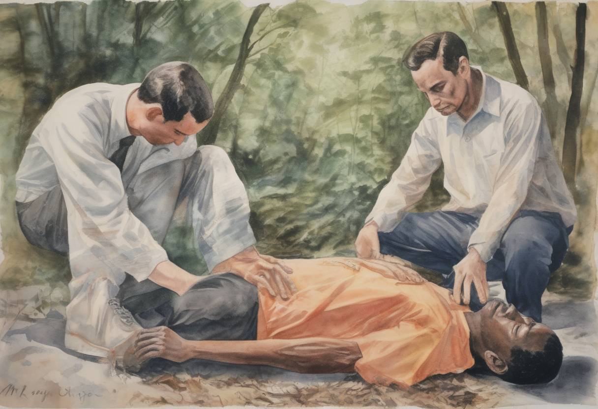 Watercolor painting based depiction of The bodies of civil rights workers Michael Schwerner, Andrew Goodman, and James Chaney are discovered in Mississippi, six weeks after their murder by the Ku Klux Klan. (1964)