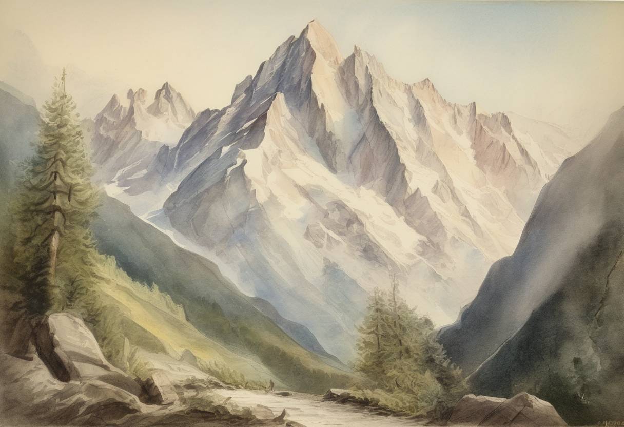 Watercolor painting based depiction of Mont Blanc, the highest mountain in the Alps, was climbed for the first time by Jacques Balmat and Dr. Michel-Gabriel Paccard. (1786)