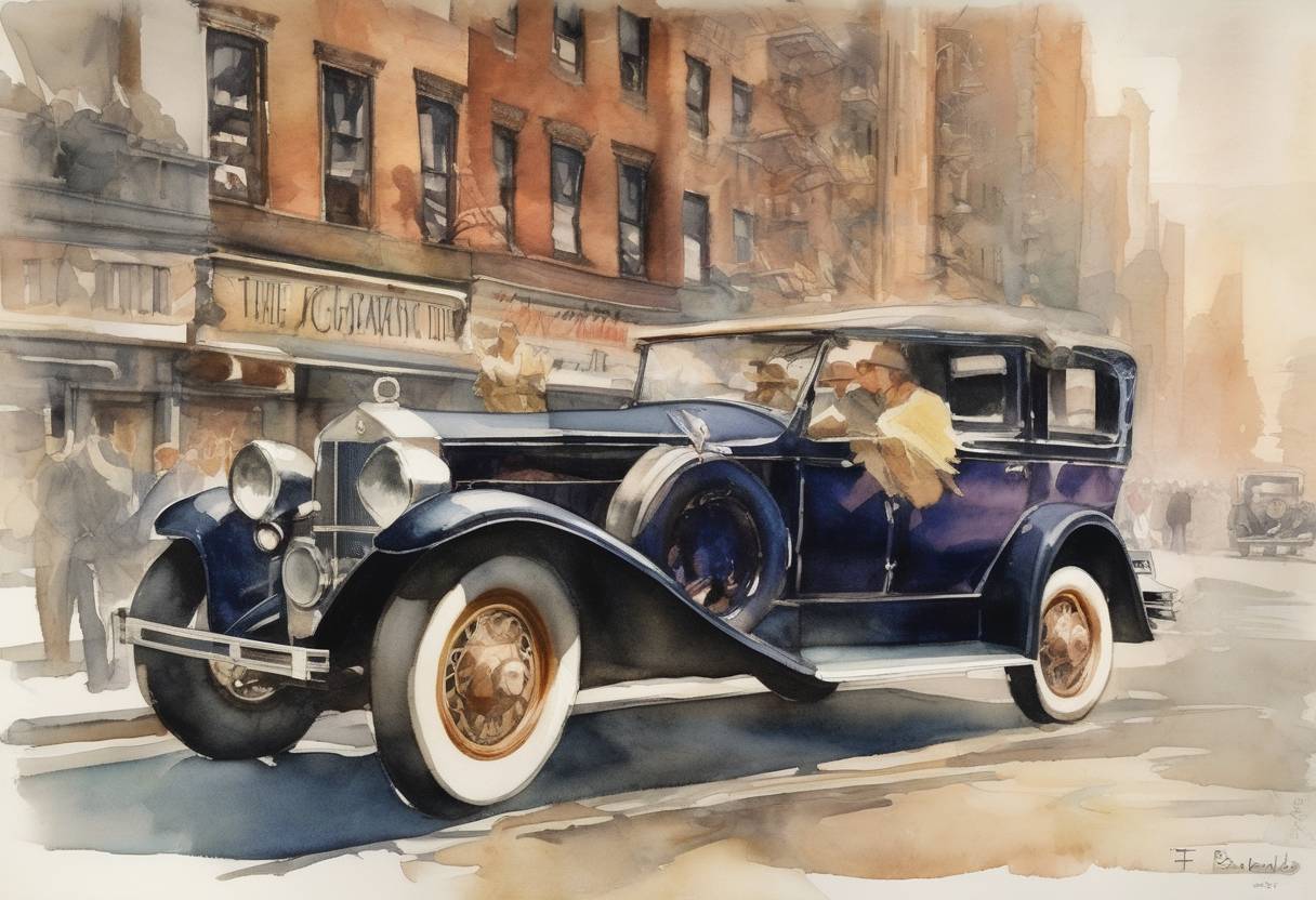 Watercolor painting based depiction of The Great Gatsby, a novel by F. Scott Fitzgerald, was first published in New York City, becoming one of the most acclaimed works of American literature. (1925)