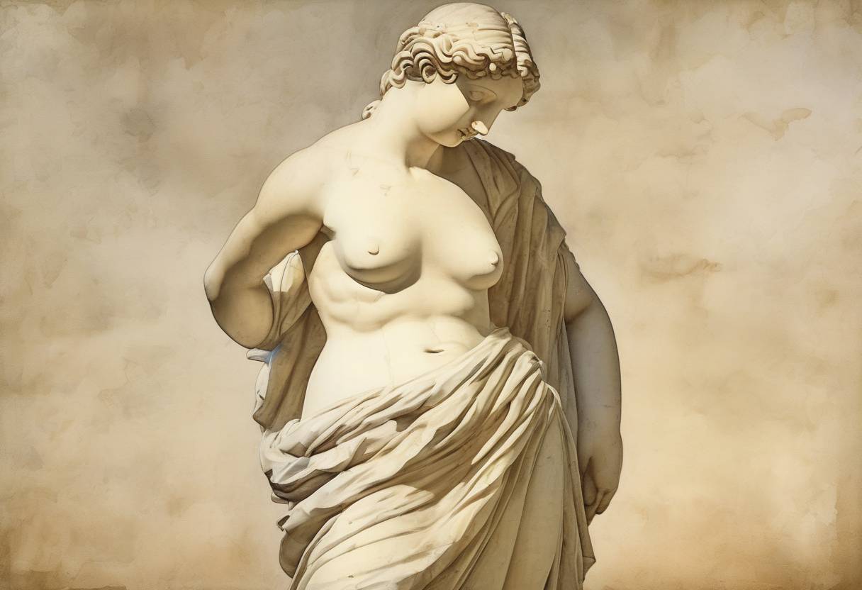 Watercolor painting based depiction of The Venus de Milo, an ancient Greek statue, was discovered on the island of Milos in the Aegean Sea. (1820)