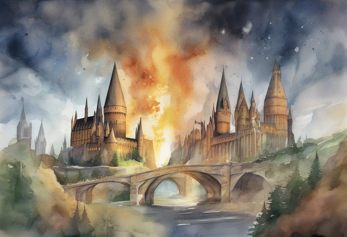 Watercolor painting based depiction of The final book in the Harry Potter series, 'Harry Potter and the Deathly Hallows,' was released, marking the end of a significant era in literature and popular culture. (2007)
