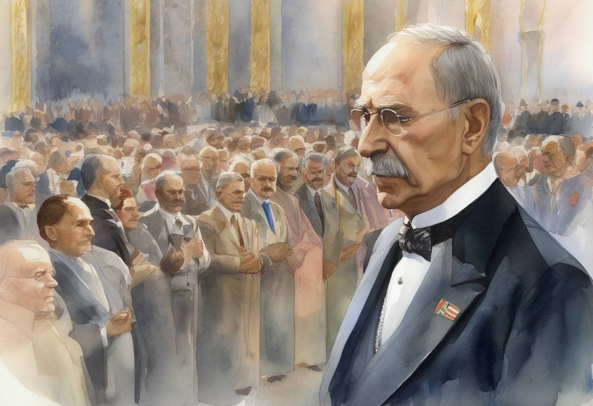Watercolor painting based depiction of Simeon Saxe-Coburg-Gotha, the former Tsar of Bulgaria, was sworn in as the Prime Minister of Bulgaria, marking a significant political event as he became the first former monarch in history to regain political power through democratic elections. (2001)