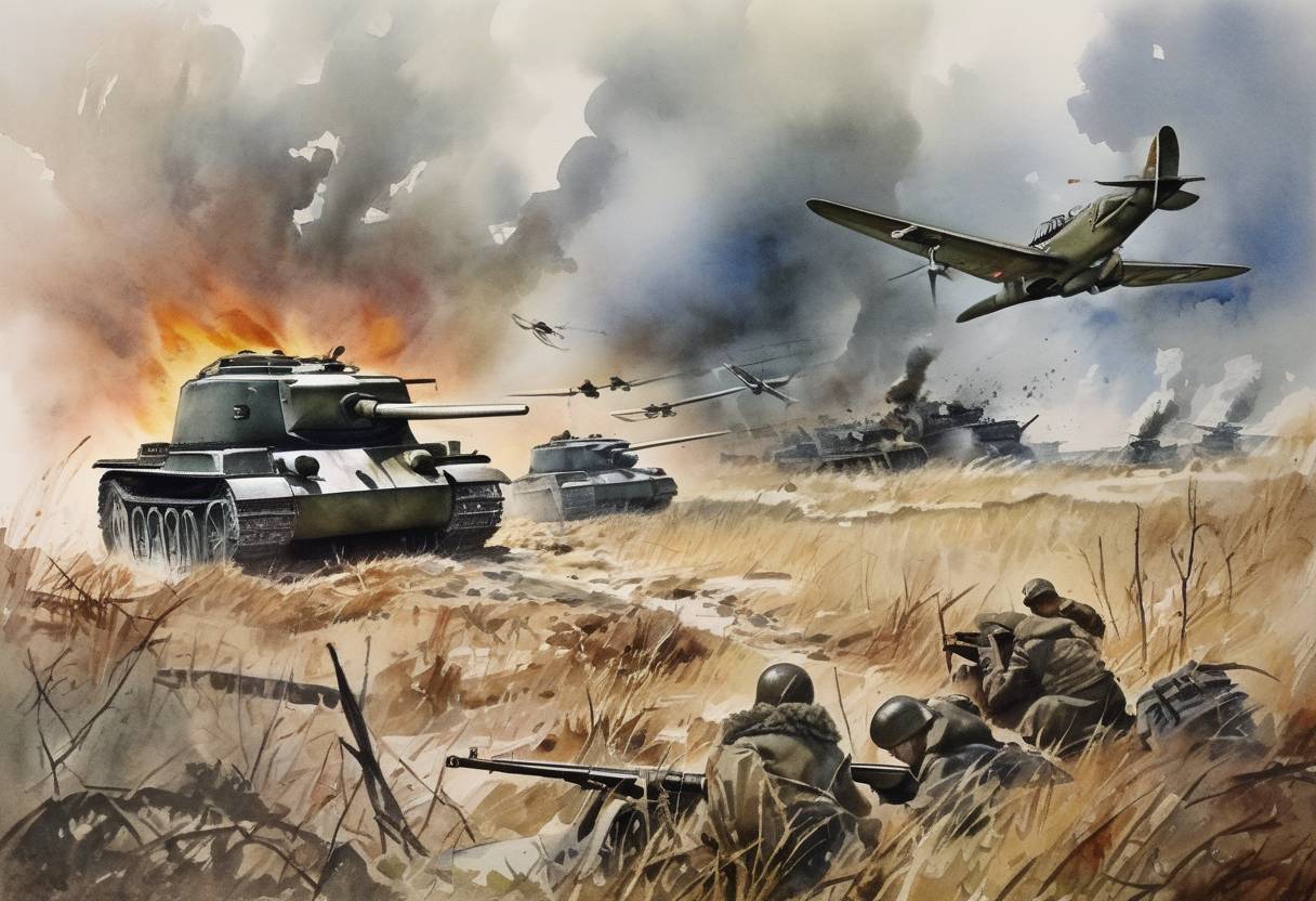 Watercolor painting based depiction of Operation Barbarossa, the code name for Nazi Germany's invasion of the Soviet Union during World War II, was launched, marking a significant escalation in the war. (1941)