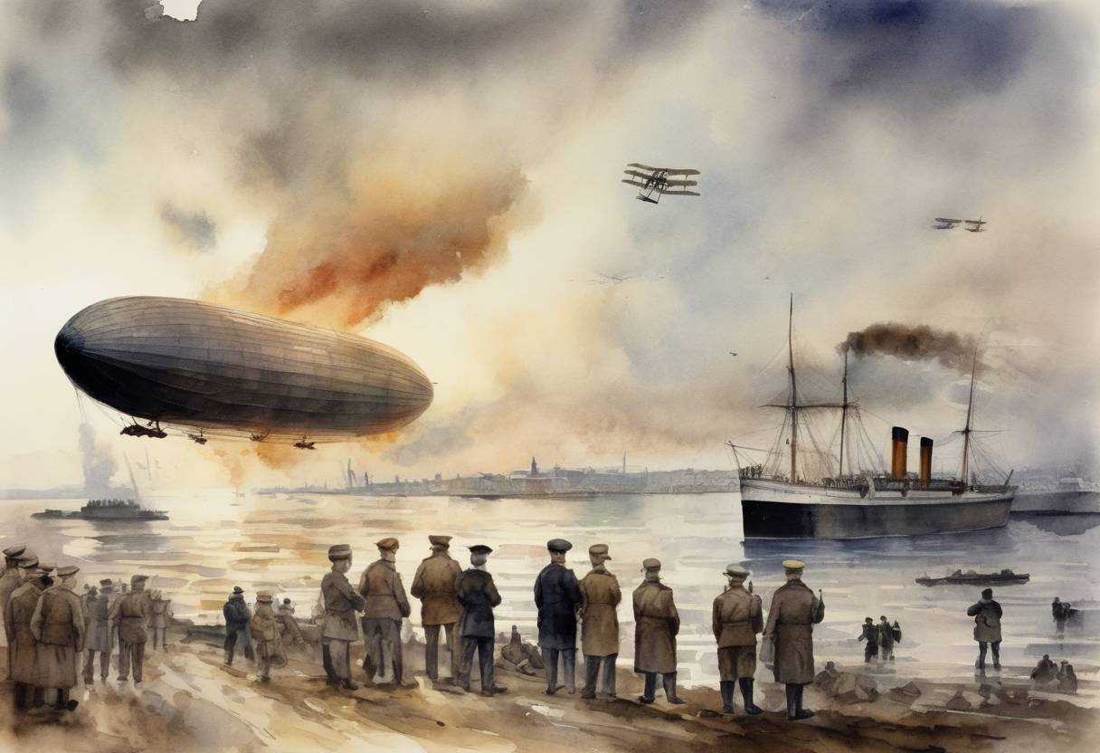 Watercolor painting based depiction of The first Zeppelin raid on the United Kingdom took place during World War I. (1915)