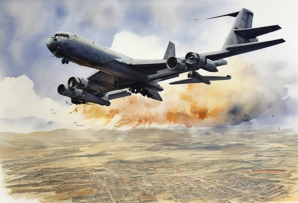 Watercolor painting based depiction of A B-52 bomber collides with a KC-135 tanker over Spain, dropping three 70-kiloton hydrogen bombs near the town of Palomares. (1966)