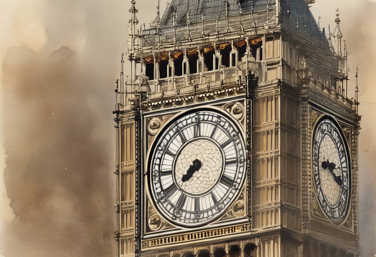 Watercolor painting based depiction of The clock tower at the Houses of Parliament, which houses Big Ben, began keeping time for the first time. (1859)