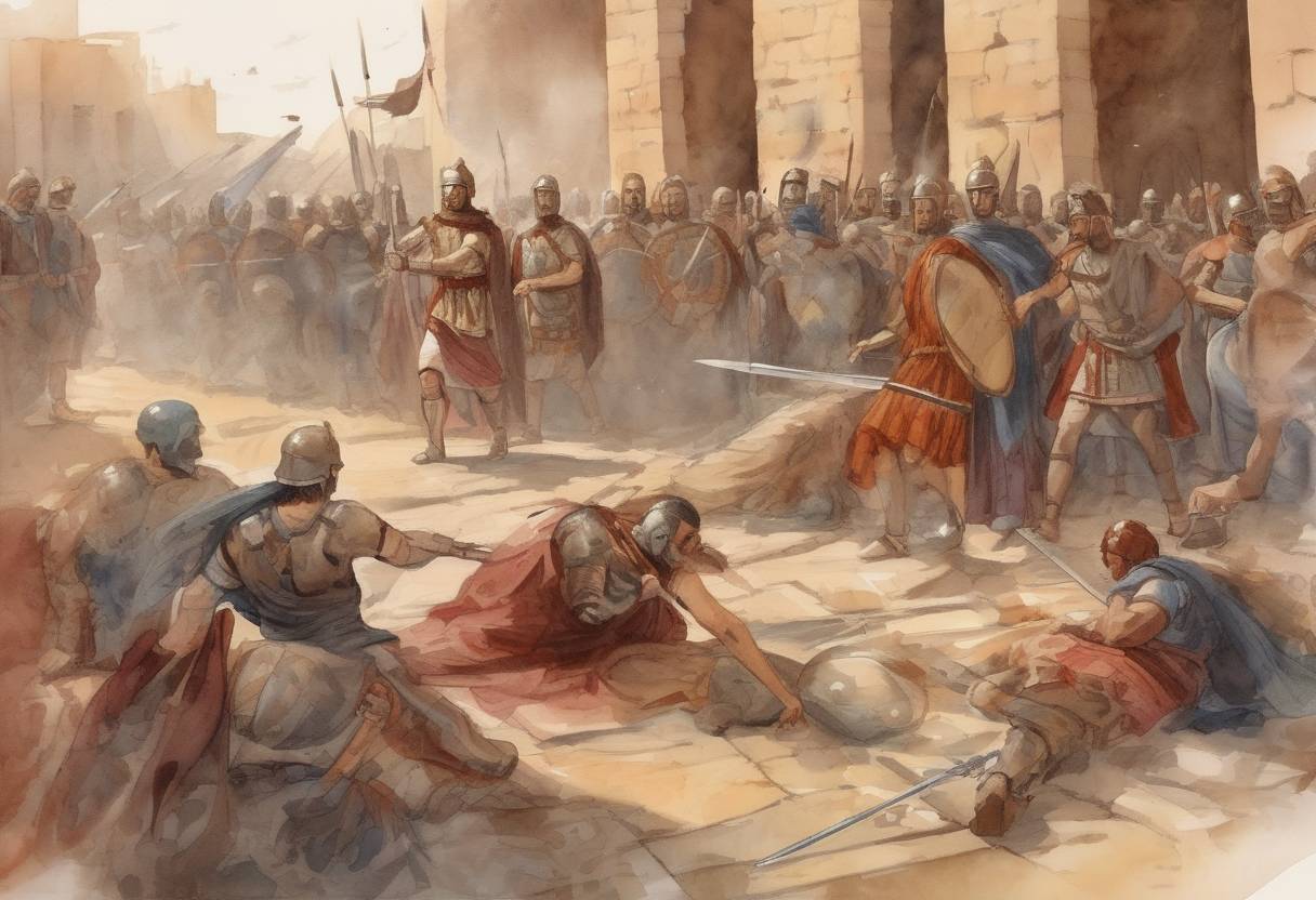 Watercolor painting based depiction of The Roman Emperor Julian, known as Julian the Apostate, is mortally wounded during the Battle of Samarra against the Sassanid Empire. His death marks the end of the last attempt to restore paganism in the Roman Empire. (363)