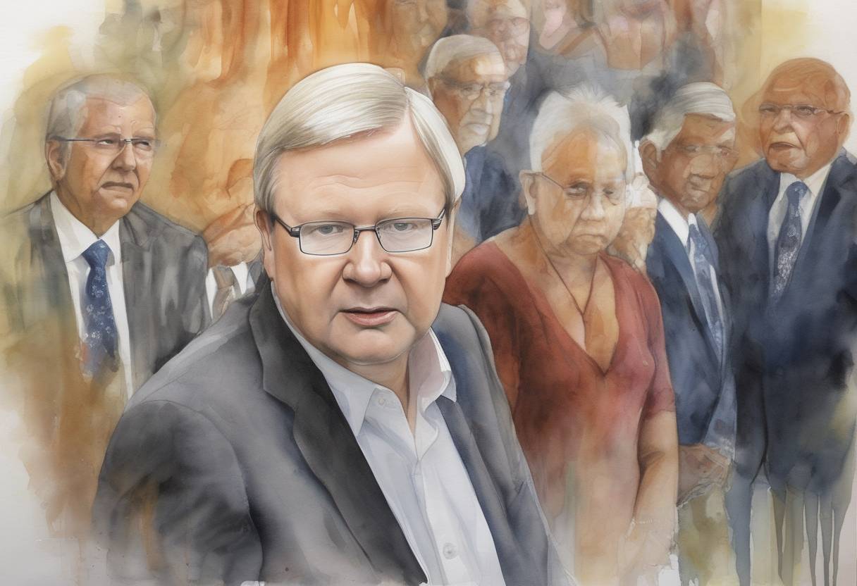 Watercolor painting based depiction of Australian Prime Minister Kevin Rudd formally apologized to the Indigenous Australians, particularly the Stolen Generations, for past government policies that caused profound grief, suffering, and loss. (2008)