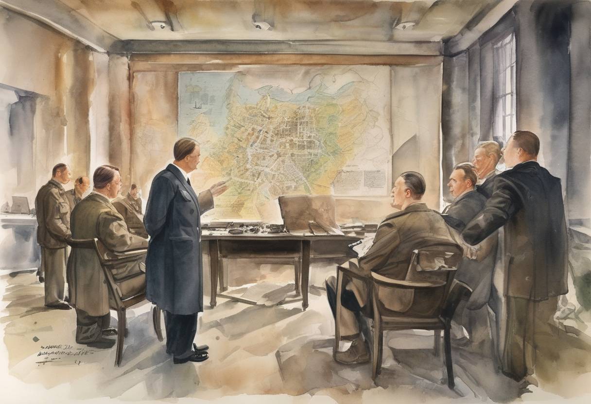 Watercolor painting based depiction of Hermann Göring instructed Reinhard Heydrich to prepare a plan for the 'Final Solution to the Jewish Question,' marking a significant step in the Holocaust. (1941)