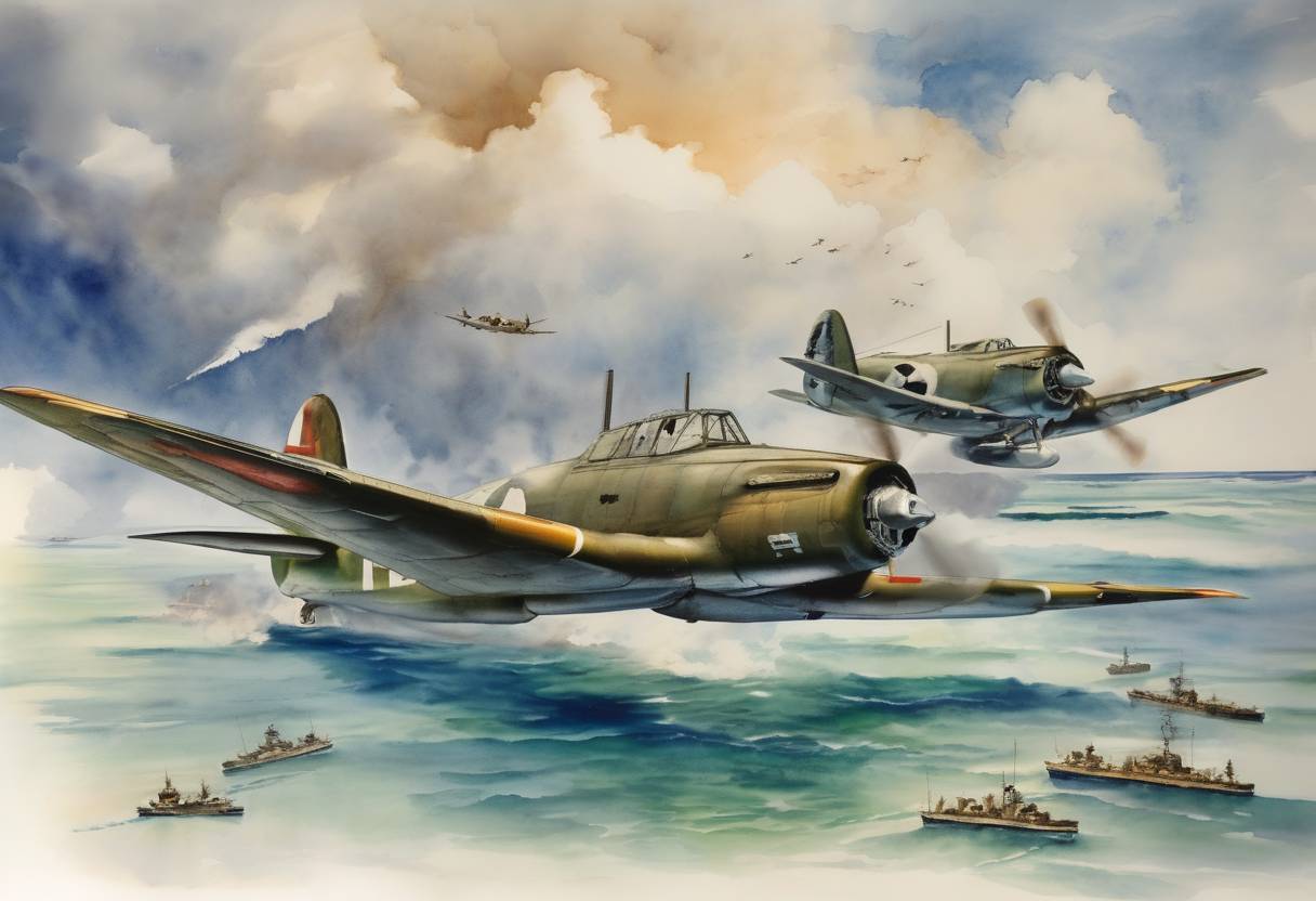 Watercolor painting based depiction of The Battle of Midway begins, marking a turning point in the Pacific Theater of World War II as the United States Navy decisively defeats the Imperial Japanese Navy. (1942)