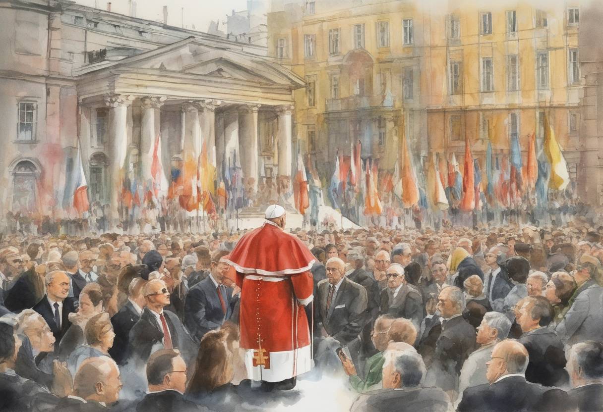 Watercolor painting based depiction of Pope John Paul II begins his first official visit to his native Poland, marking a significant moment in the history of the Cold War. (1979)