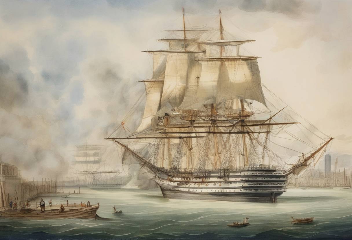 Watercolor painting based depiction of The United States Congress authorized the construction of the original six frigates of the United States Navy. (1794)