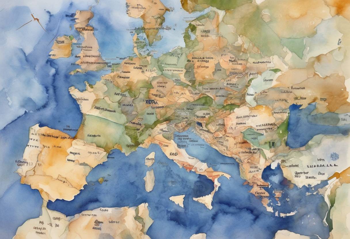 Watercolor painting based depiction of Bulgaria, Estonia, Latvia, Lithuania, Romania, Slovakia, and Slovenia join NATO, marking a significant expansion of the alliance into Eastern Europe. (2004)