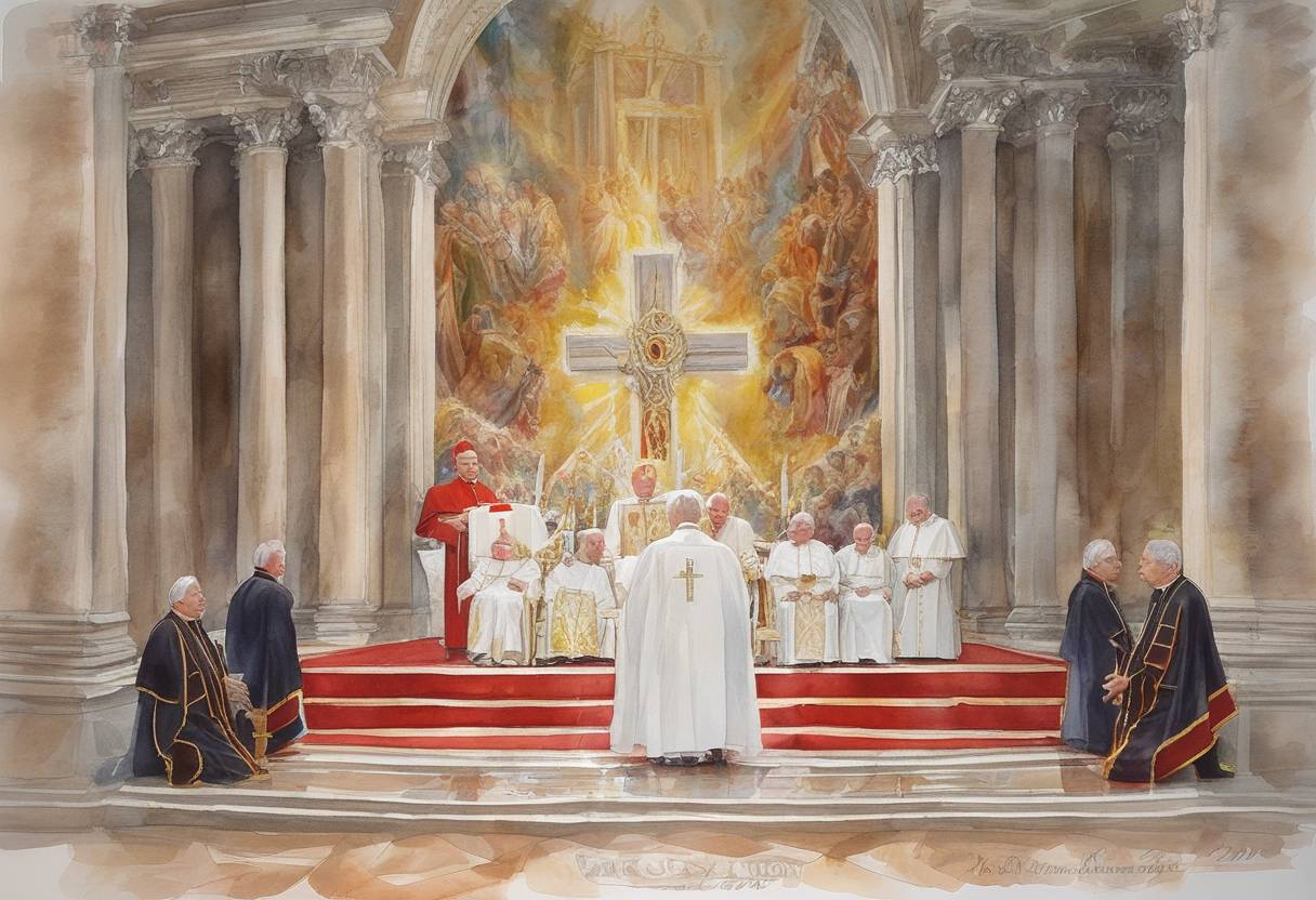 Watercolor painting based depiction of Cardinal Joseph Ratzinger is inaugurated as Pope Benedict XVI, succeeding Pope John Paul II. (2005)