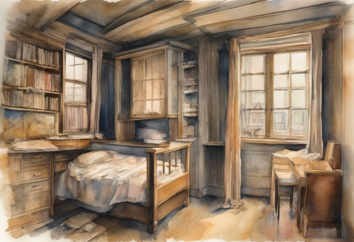 Watercolor painting based depiction of Anne Frank and her family went into hiding in the Secret Annex above her father's office in Amsterdam to escape Nazi persecution. (1942)