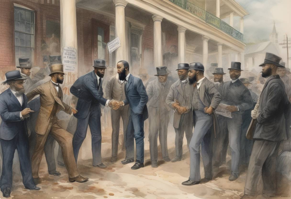Watercolor painting based depiction of Homer Plessy was arrested for refusing to leave a whites-only car on a train in New Orleans, leading to the landmark Plessy v. Ferguson Supreme Court case. (1892)