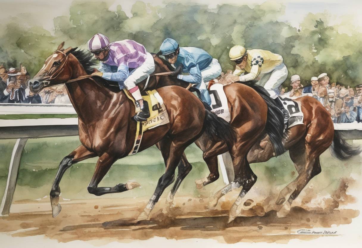 Watercolor painting based depiction of Secretariat wins the Belmont Stakes, securing the Triple Crown in horse racing. (1973)
