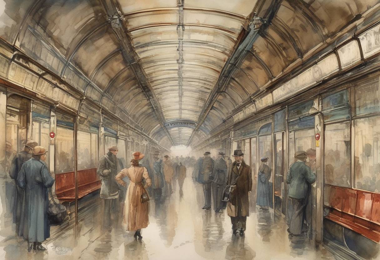 Watercolor painting based depiction of The first line of the Paris Métro, Line 1, was inaugurated, marking a significant development in urban public transportation. (1900)