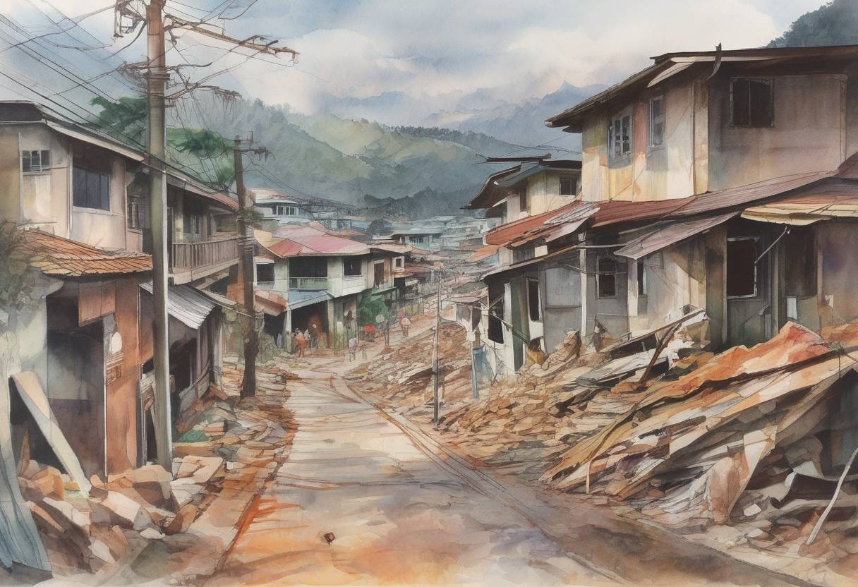 Watercolor painting based depiction of An earthquake measuring 7.7 on the Richter scale strikes Luzon, Philippines, causing significant damage and loss of life. (1990)