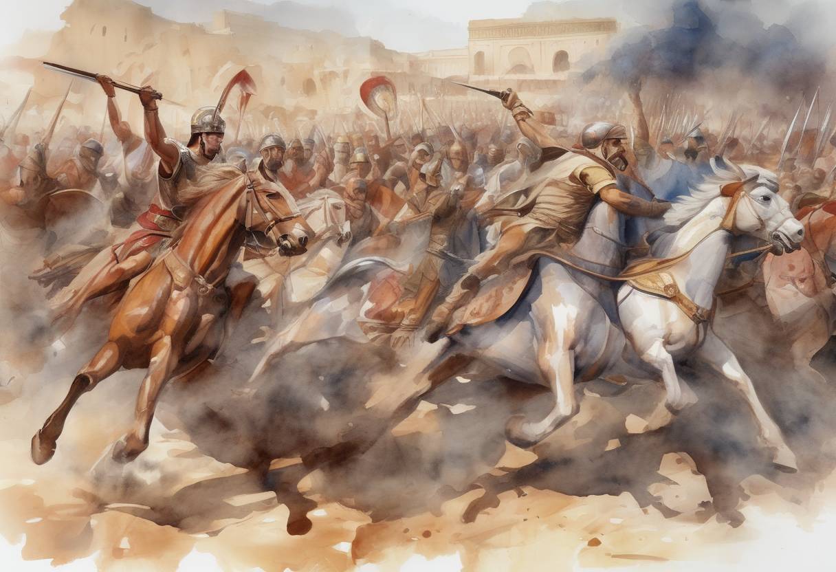 Watercolor painting based depiction of Emperor Gordian III is assassinated by mutinous soldiers in Zaitha (Mesopotamia). (241)