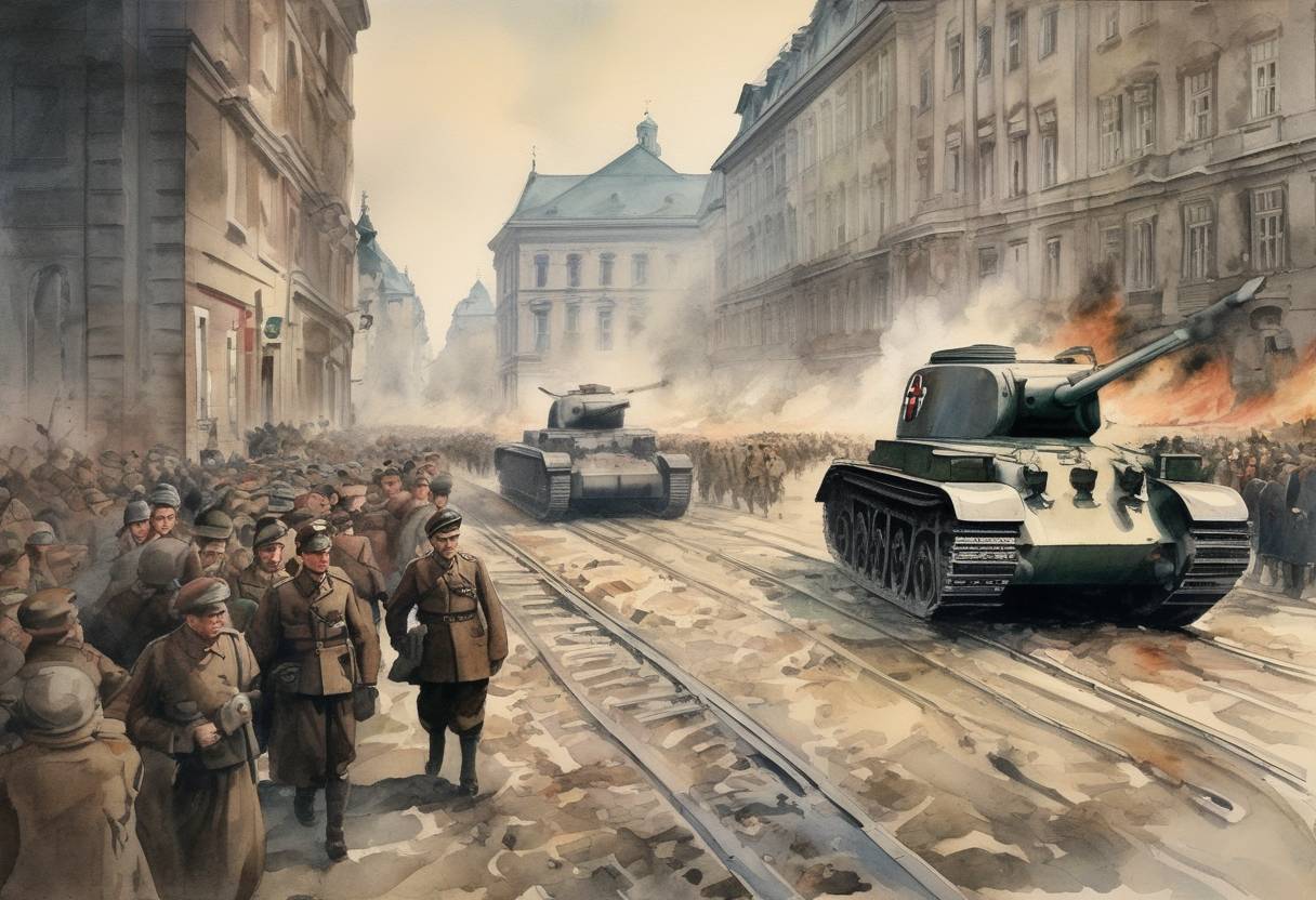 Watercolor painting based depiction of Nazi Germany invades Austria in the Anschluss, leading to its annexation. (1938)
