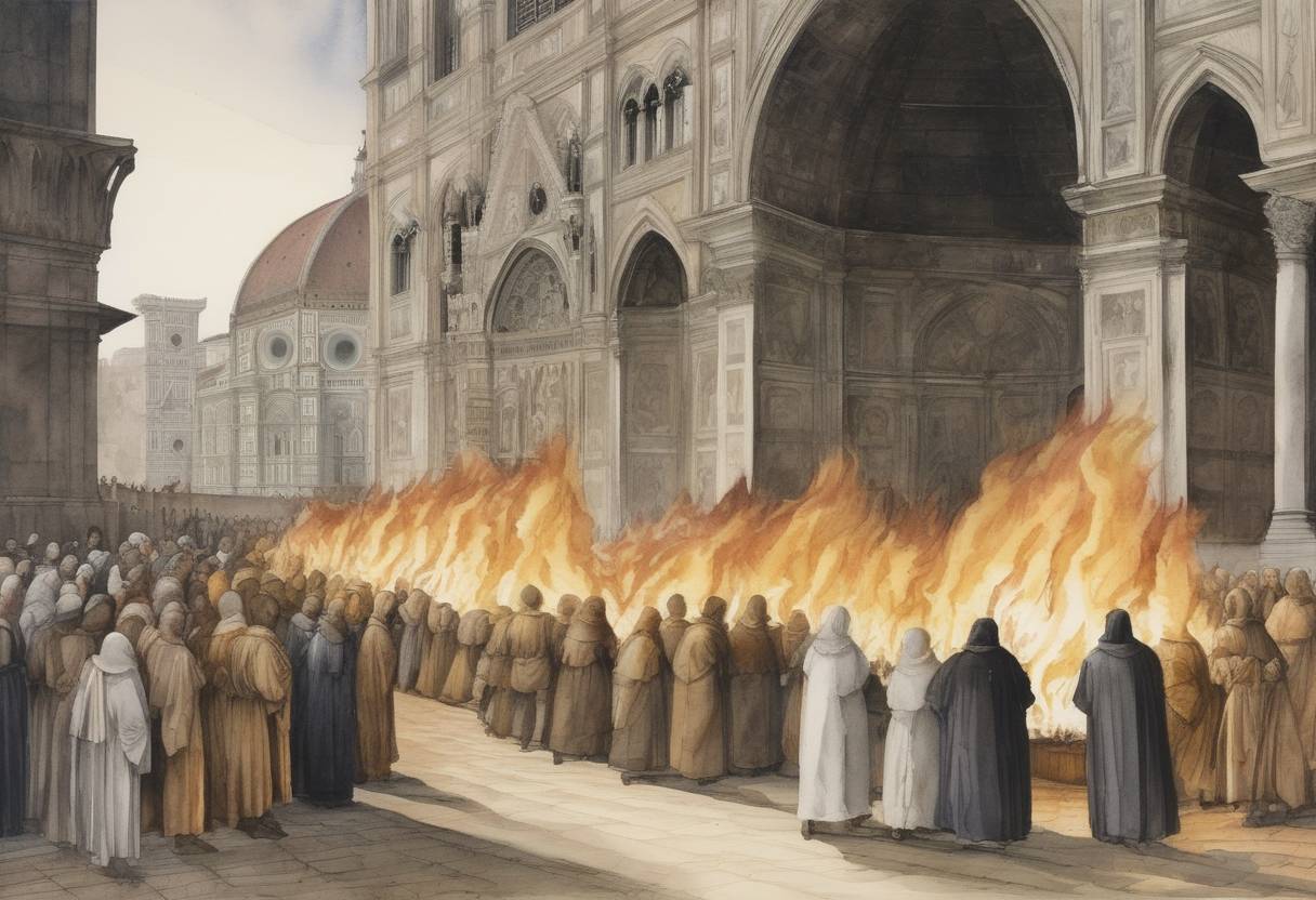 Watercolor painting based depiction of The Bonfire of the Vanities took place in Florence, Italy, where supporters of the Dominican friar Girolamo Savonarola collected and publicly burned thousands of objects deemed to be associated with vanity, such as cosmetics, art, and books. (1497)