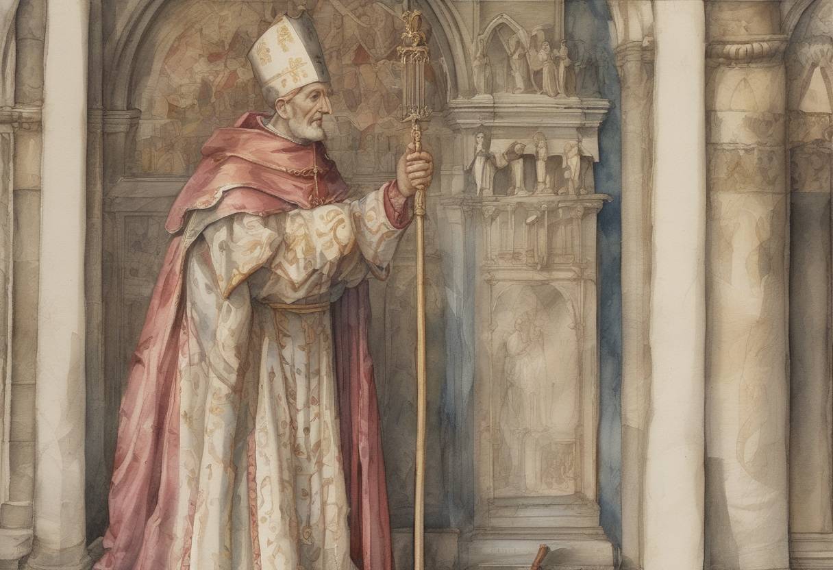Watercolor painting based depiction of Bishop of Gloucester, John Hooper, was burned at the stake for heresy during the Marian Persecutions in England. (1555)