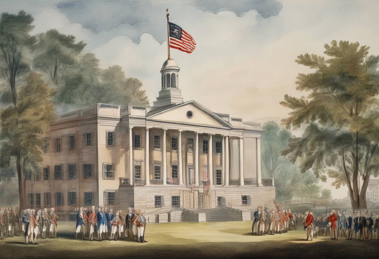 Watercolor painting based depiction of The Continental Congress adopts the Stars and Stripes as the flag of the United States. (1777)