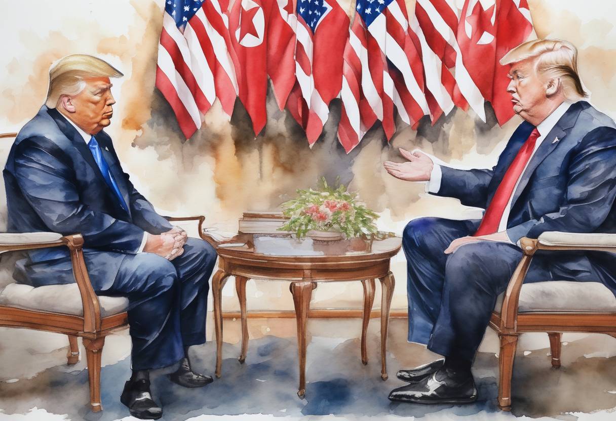 Watercolor painting based depiction of The Singapore Summit takes place, where U.S. President Donald Trump and North Korean leader Kim Jong-un meet for the first time. (2018)