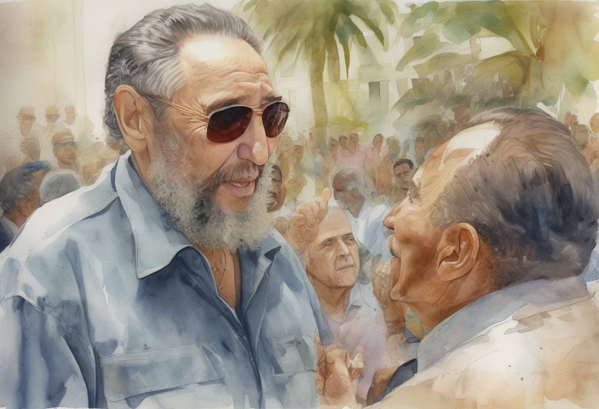 Watercolor painting based depiction of Fidel Castro retires as the President of Cuba, ending nearly 50 years of rule, and his brother Raúl Castro is elected as the new president. (2008)
