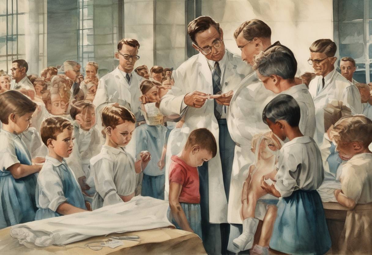 Watercolor painting based depiction of The first mass inoculation of children against polio with the Salk vaccine begins in Pittsburgh, Pennsylvania. (1954)