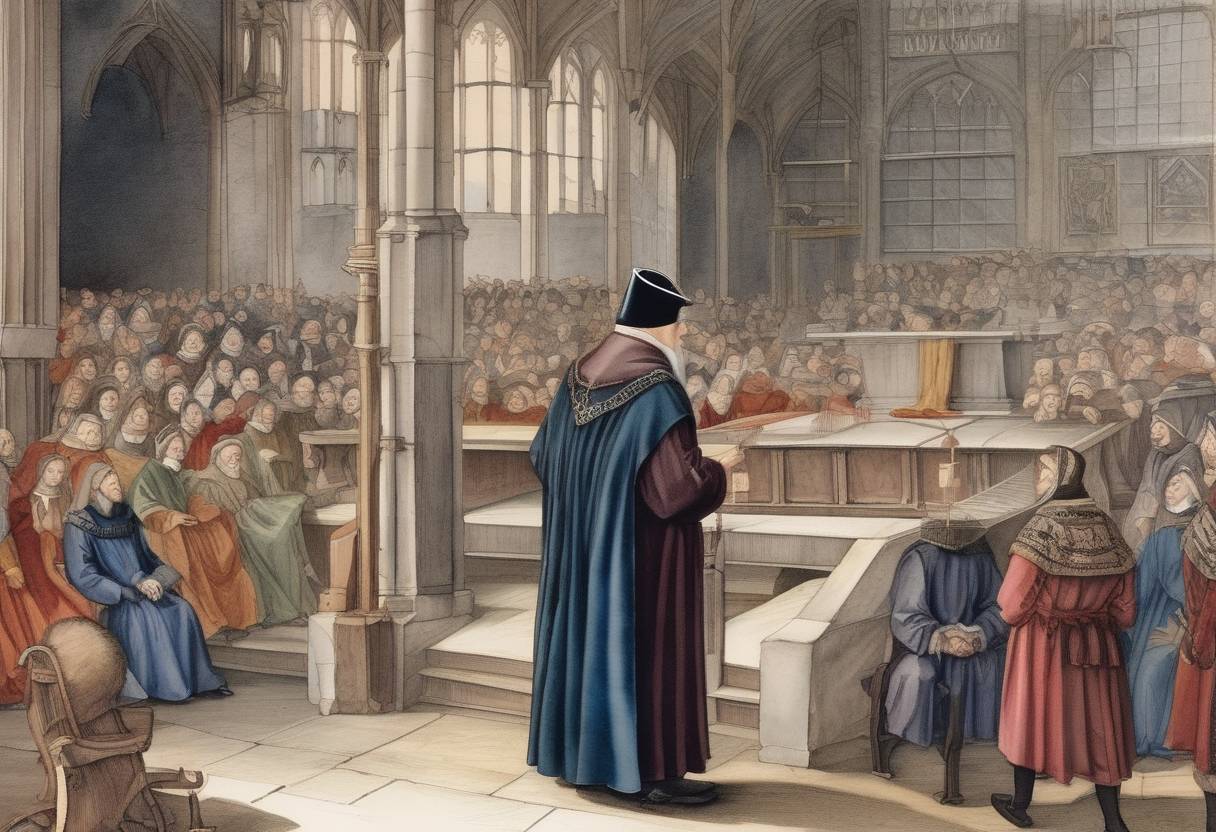 Watercolor painting based depiction of Thomas Cranmer, the former Archbishop of Canterbury, was executed for heresy under the reign of Queen Mary I of England. His execution marked a significant moment in the Marian Persecutions, which aimed to restore Roman Catholicism in England. (1556)
