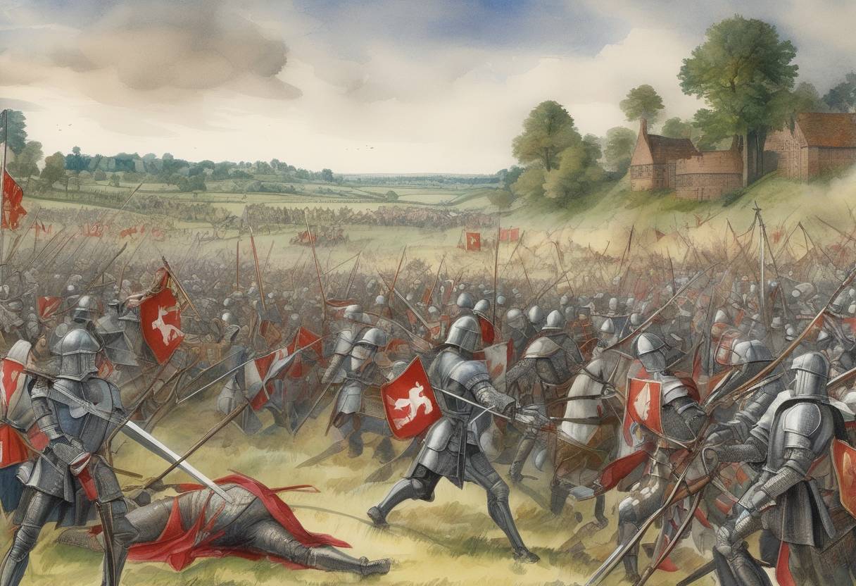 Watercolor painting based depiction of The Battle of Bosworth Field took place, marking the end of the Wars of the Roses. Richard III was defeated by Henry Tudor, who became King Henry VII of England. (1485)
