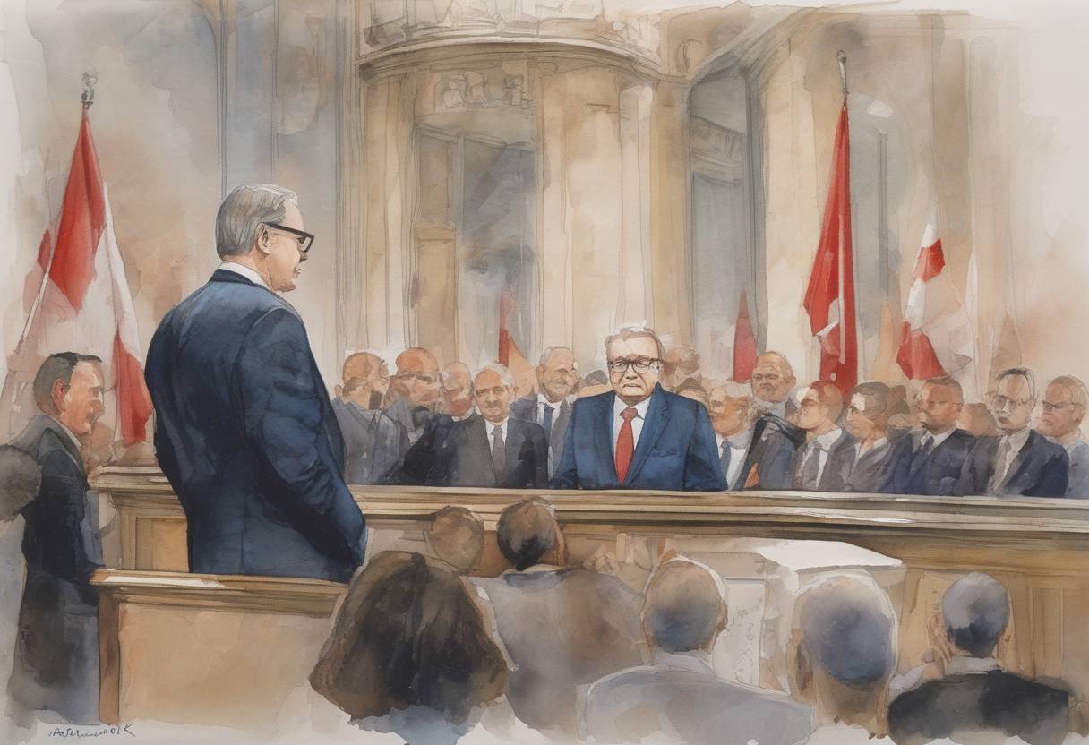 Watercolor painting based depiction of Polish president Wojciech Jaruzelski nominates Solidarity activist Tadeusz Mazowiecki to be the first non-communist prime minister in Eastern Europe in over 40 years. (1989)