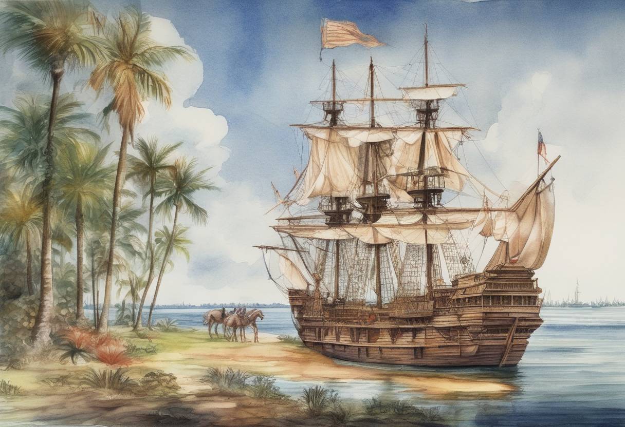 Watercolor painting based depiction of Spanish explorer Juan Ponce de León first sights land in what is now the United States, specifically Florida, which he names La Florida. (1513)