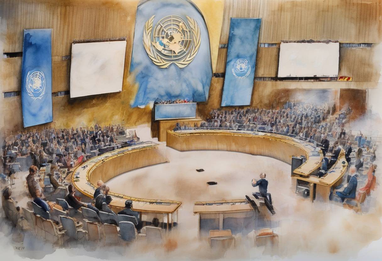 Watercolor painting based depiction of The United Nations General Assembly adopted the Arms Trade Treaty, regulating the international trade in conventional arms, with the aim of reducing illegal arms trafficking. (2013)