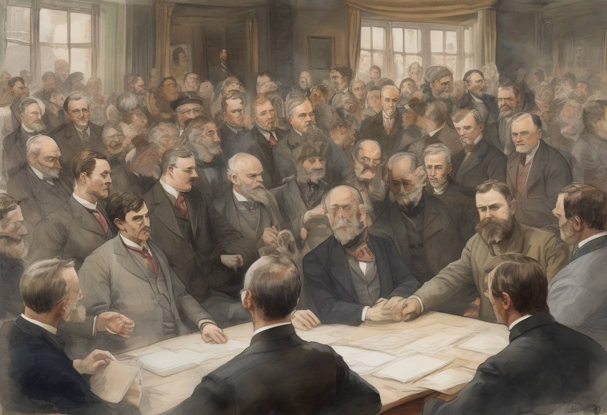 Watercolor painting based depiction of The Independent Labour Party of the United Kingdom holds its first meeting, marking a significant development in the British labor movement. (1893)