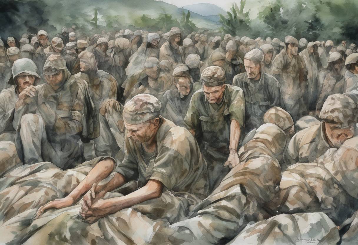 Watercolor painting based depiction of The Srebrenica massacre began during the Bosnian War, where more than 8,000 Bosniak men and boys were killed by units of the Army of Republika Srpska. (1995)
