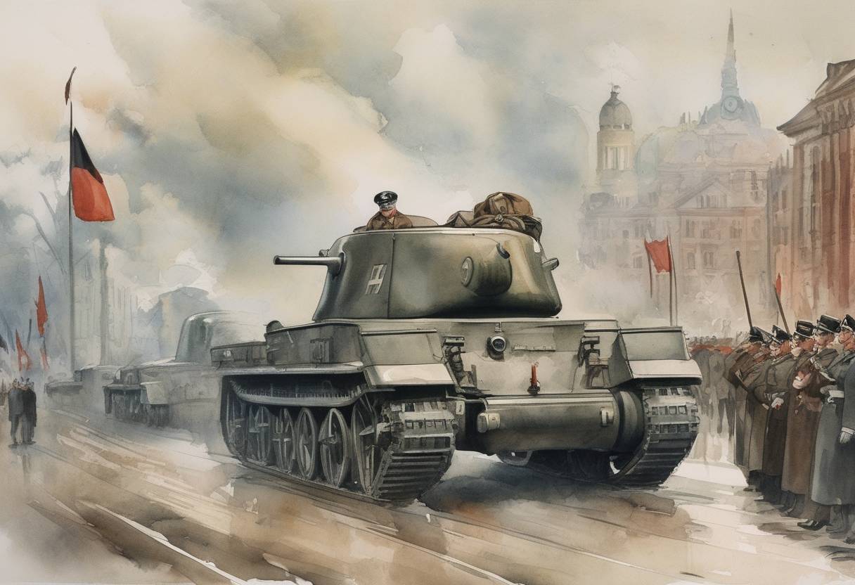 Watercolor painting based depiction of In Germany, all political parties except the Nazi Party were banned, consolidating Adolf Hitler's power. (1933)