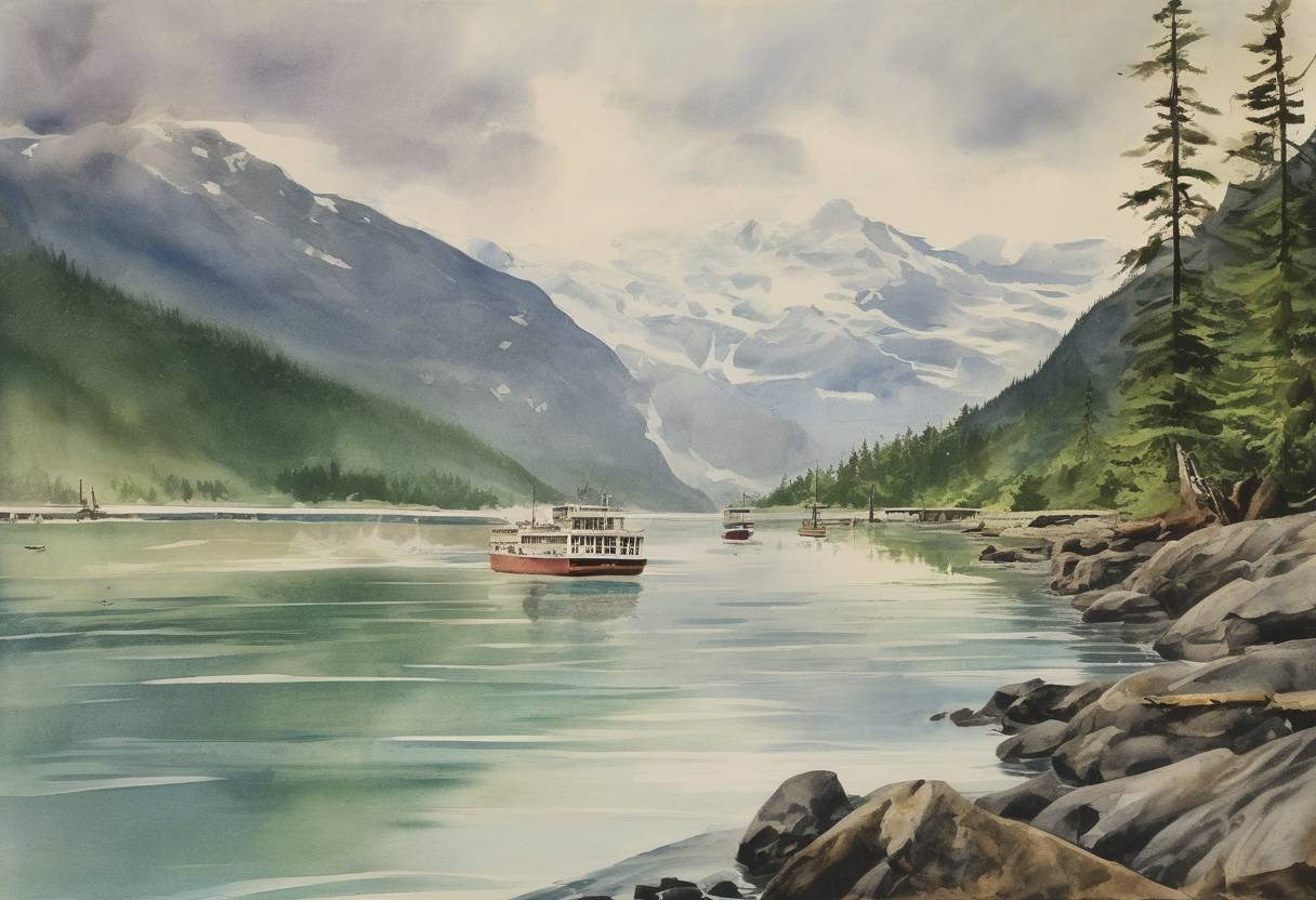 Watercolor painting based depiction of Alaska was admitted as the 49th U.S. state. (1959)