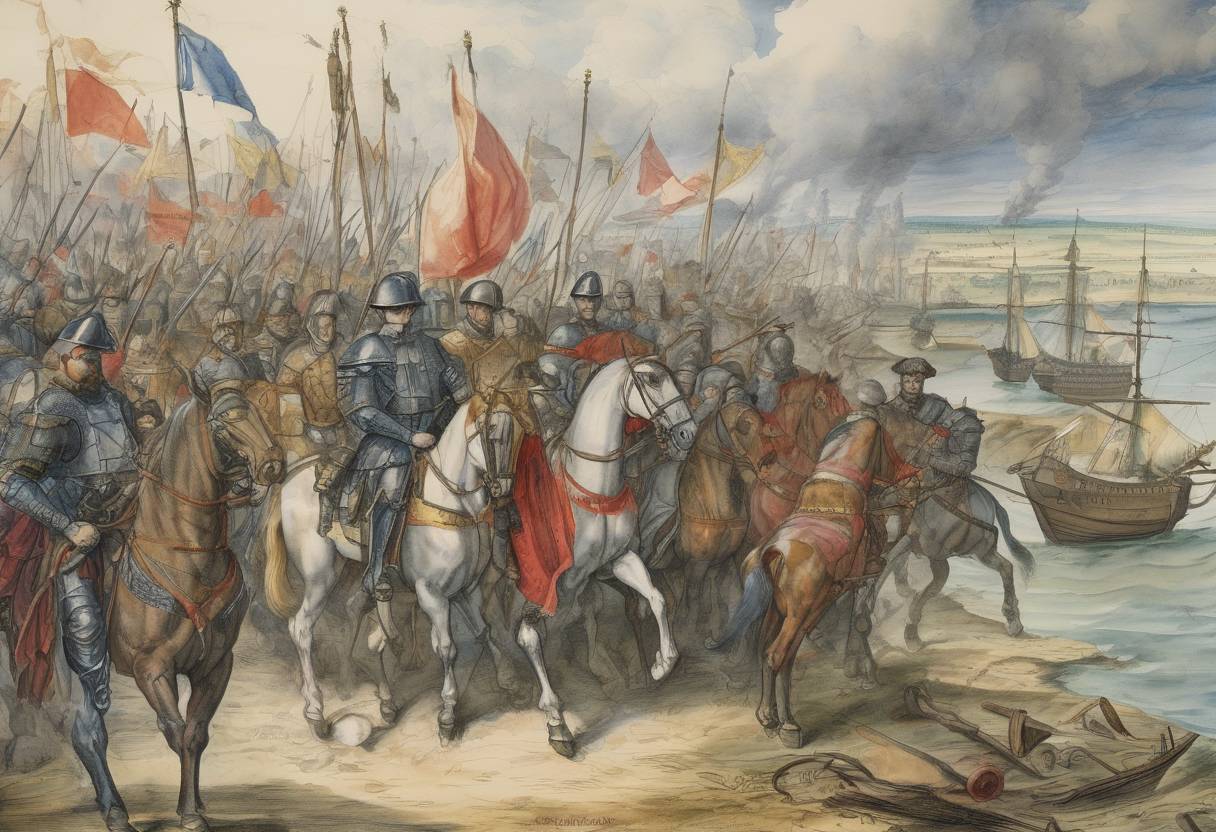 Watercolor painting based depiction of The French forces, led by Francis, Duke of Guise, captured Calais, the last English possession in mainland France, marking the end of England's territorial claims in France. (1558)