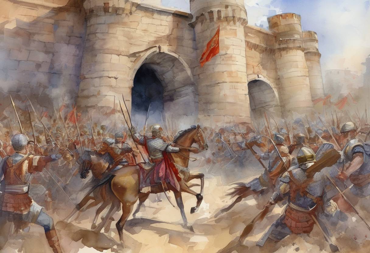 Watercolor painting based depiction of Byzantine–Bulgarian Wars: The Byzantine army under Emperor Basil II is defeated in the Battle of the Gates of Trajan by the forces of Tsar Samuel of Bulgaria. (986)