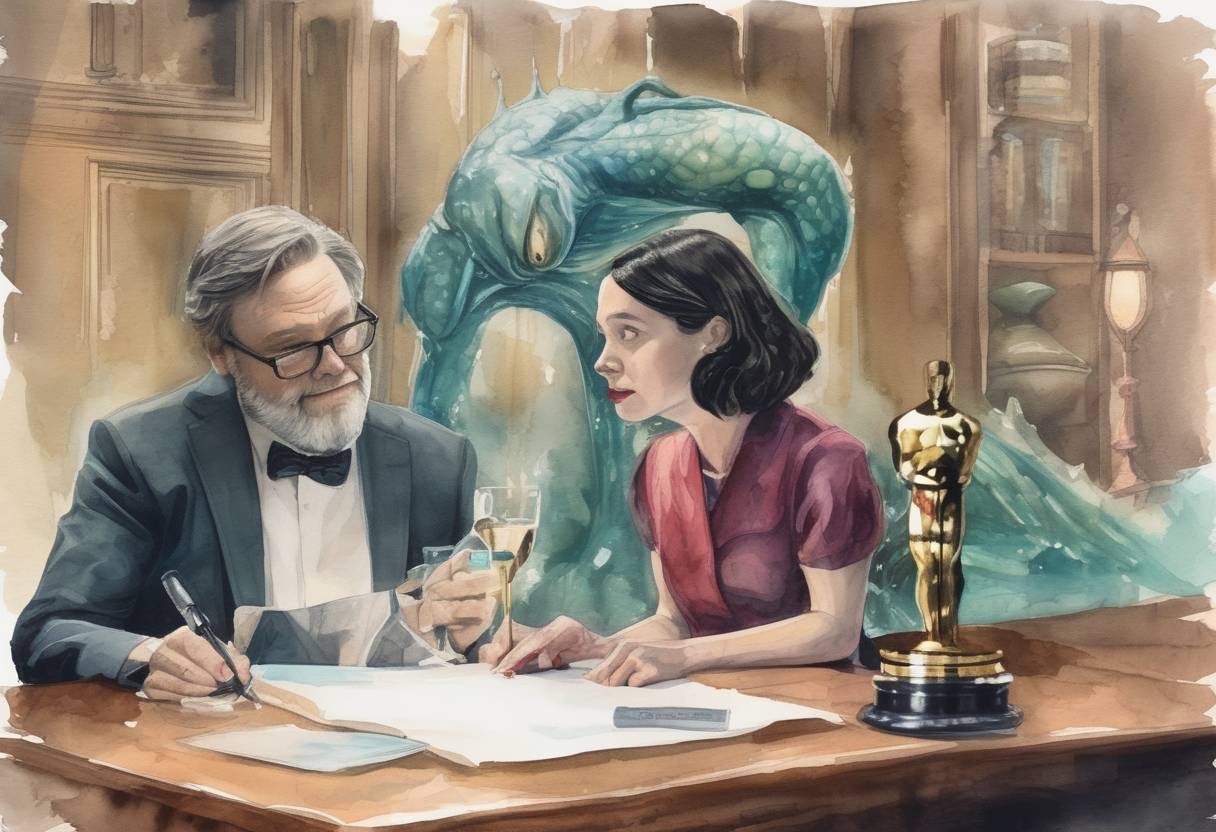 Watercolor painting based depiction of The 90th Academy Awards took place, with 'The Shape of Water' winning Best Picture and Guillermo del Toro winning Best Director. (2018)