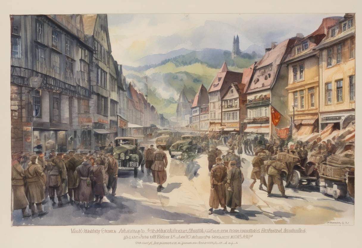 Watercolor painting based depiction of Nazi Germany reoccupied the Rhineland, violating the Treaty of Versailles and the Locarno Treaties. (1936)