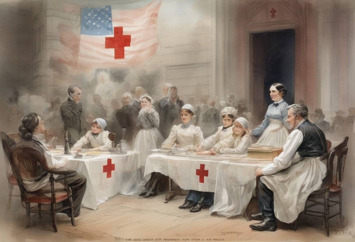 Watercolor painting based depiction of The American Red Cross was established by Clara Barton, providing emergency assistance, disaster relief, and education in the United States. (1881)