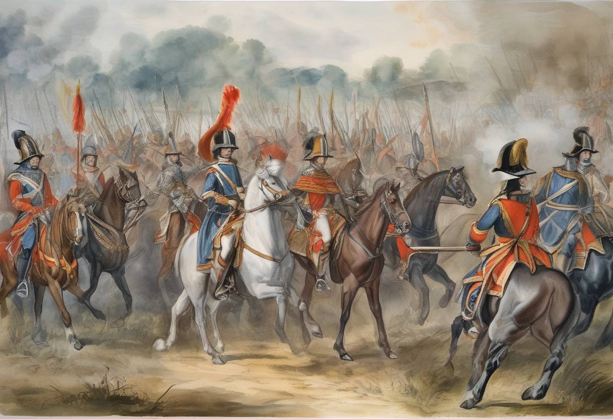 Watercolor painting based depiction of The French army, led by Louis II de Bourbon, Prince de Condé, defeated the Spanish army at the Battle of Rocroi. (1643)