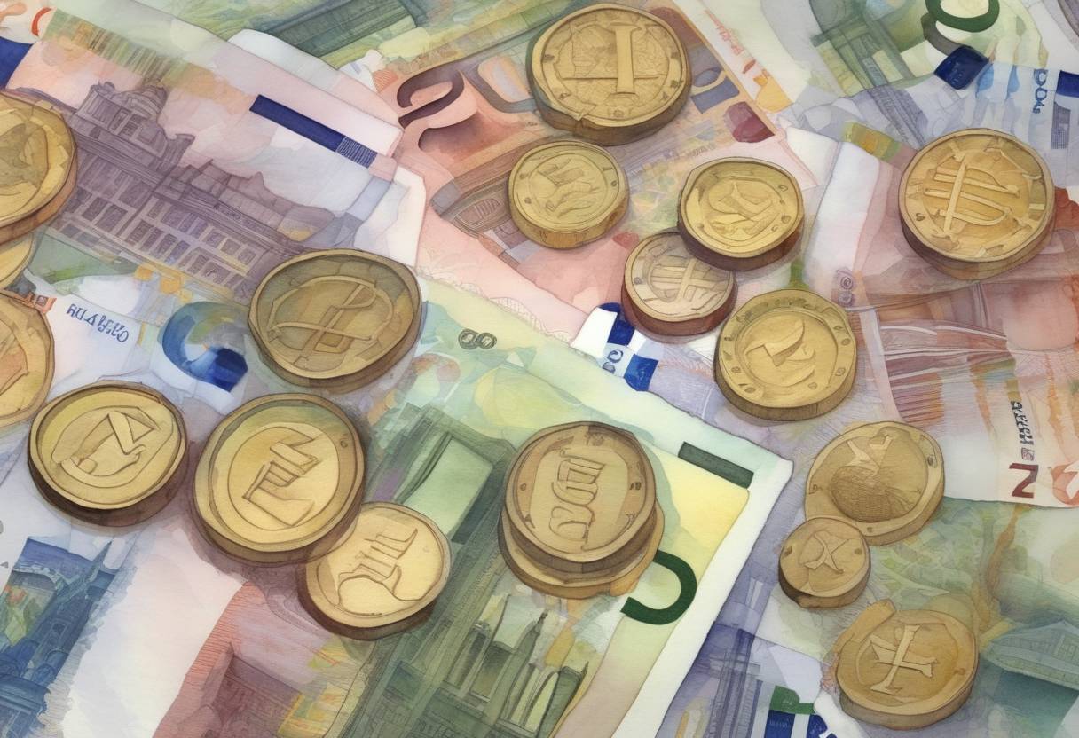 Watercolor painting based depiction of The Euro currency becomes the sole legal tender in the 12 Eurozone countries, replacing national currencies completely. (2002)