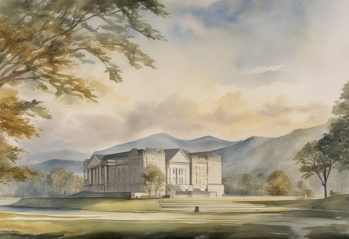 Watercolor painting based depiction of The United States Military Academy is established at West Point, New York, by an act of Congress, becoming the first military academy in the United States. (1802)