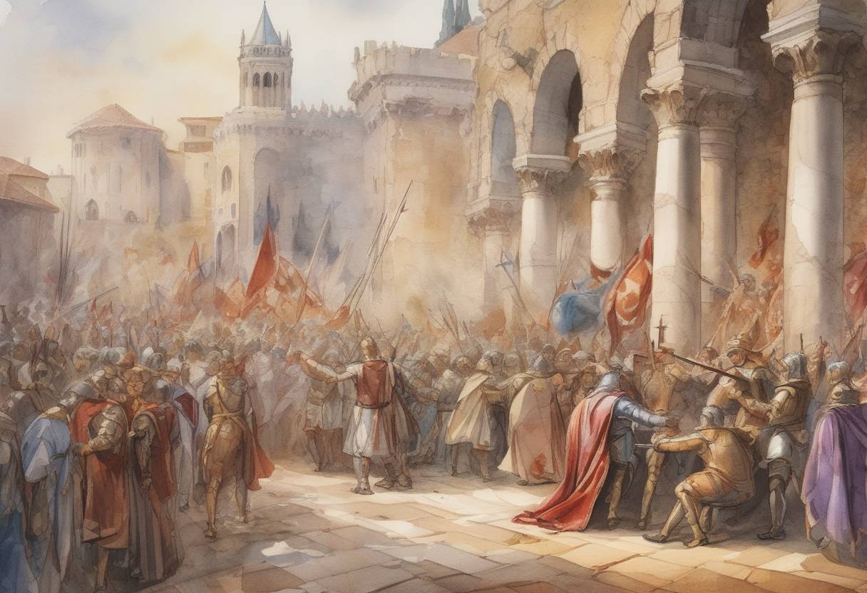 Watercolor painting based depiction of Alboin, King of the Lombards, was assassinated. His death led to a period of instability and power struggles within the Lombard Kingdom in Italy. (572)